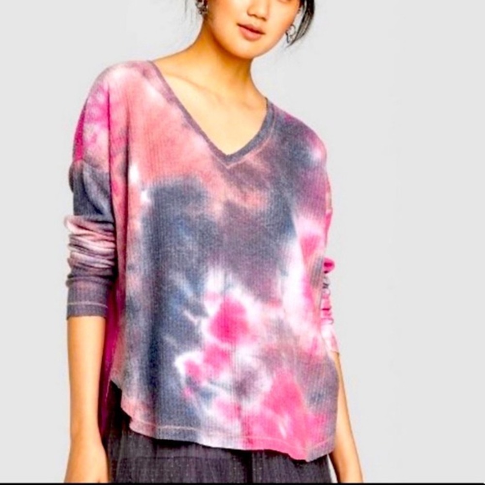 Wild Fable Tie Dye Waffle Knit Thermal Top Long Sleeve Oversized V-neck Large - Picture 2 of 10